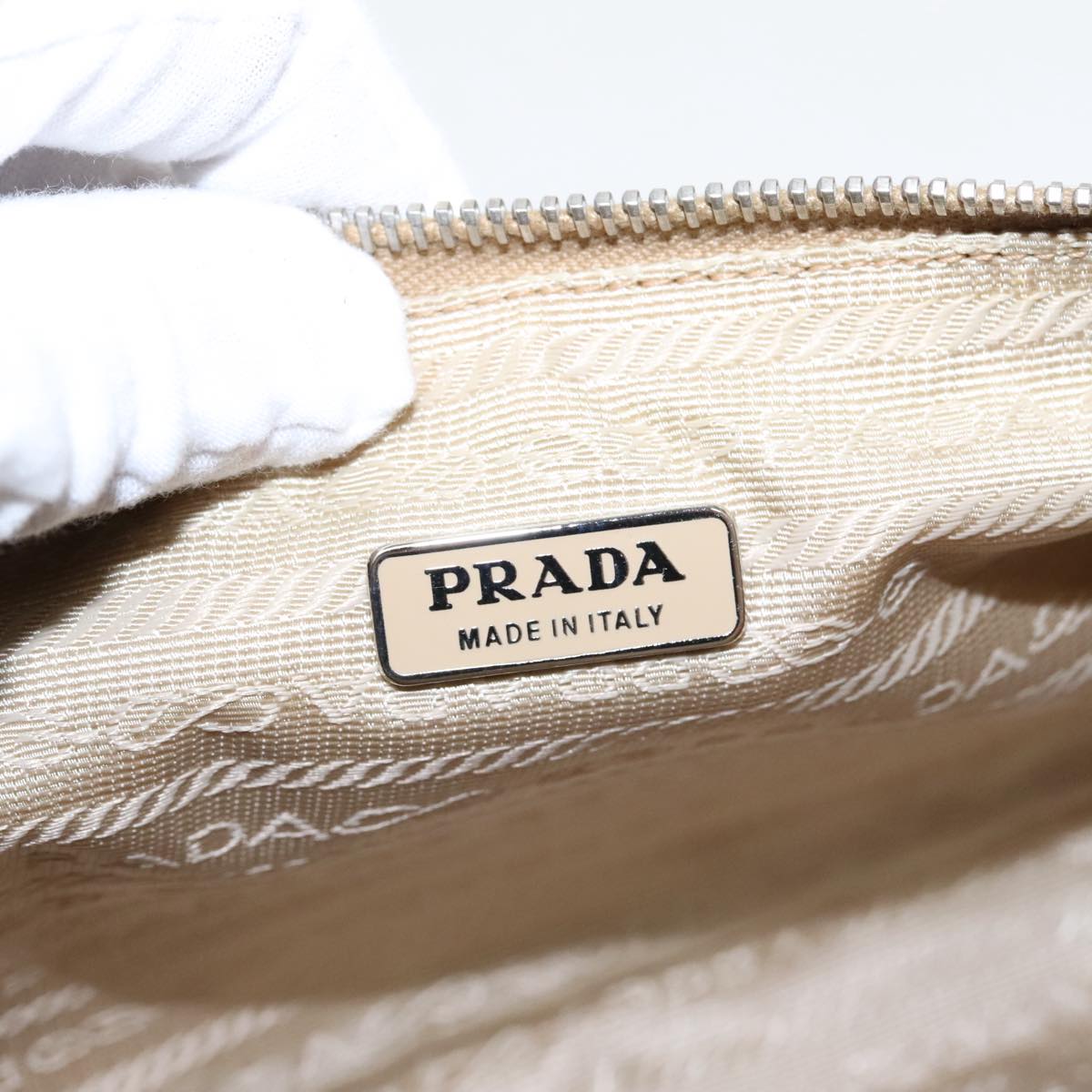 PRADA Accessory Pouch Nylon Beige Silver Auth 95778