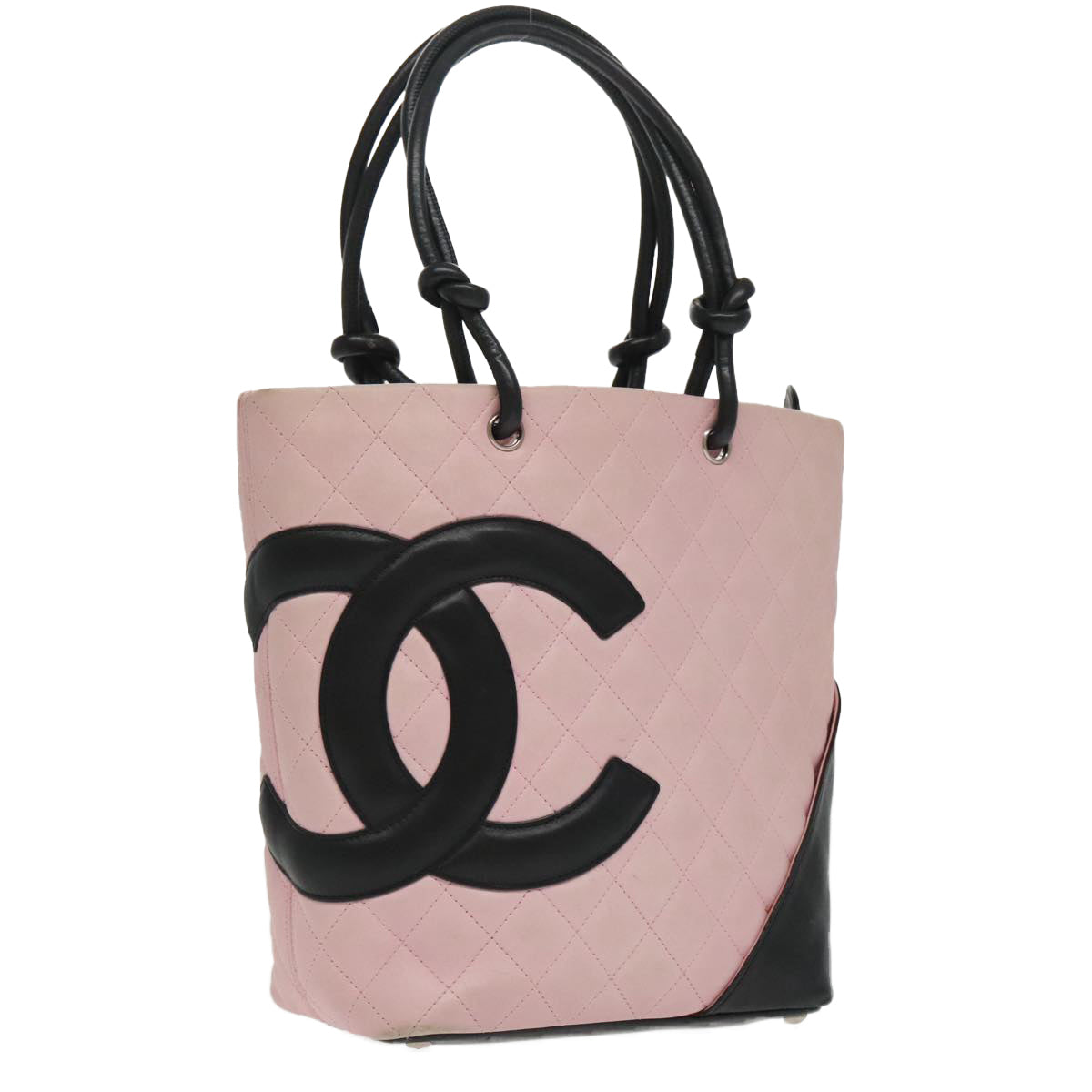 CHANEL Matelasse Cambon Line Tote Bag Leather Pink Silver CC Auth 95781