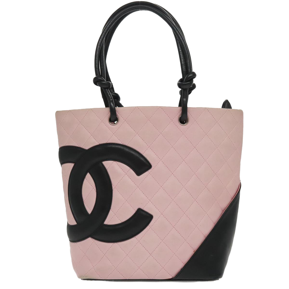 CHANEL Matelasse Cambon Line Tote Bag Leather Pink Silver CC Auth 95781 - 0