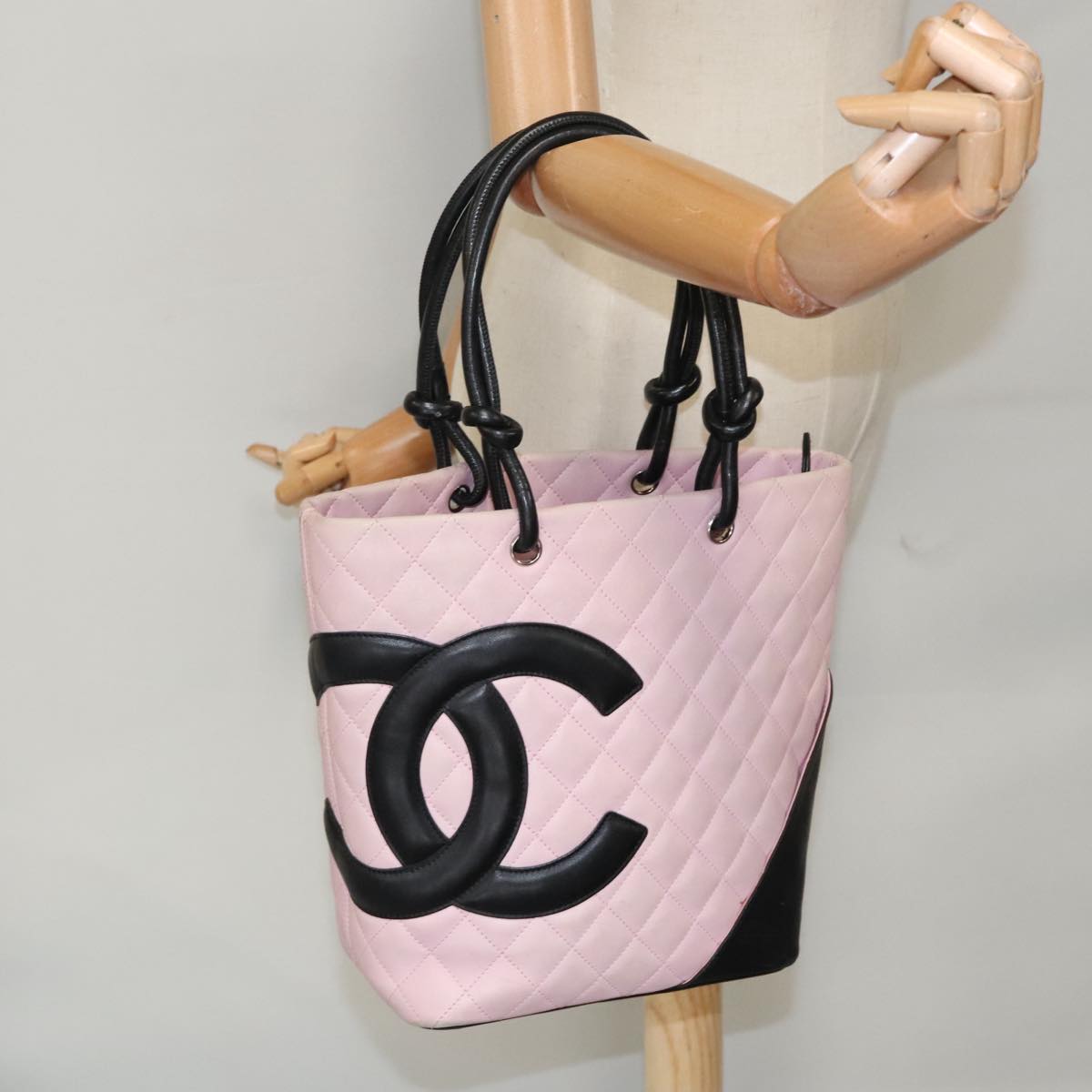 CHANEL Matelasse Cambon Line Tote Bag Leather Pink Silver CC Auth 95781