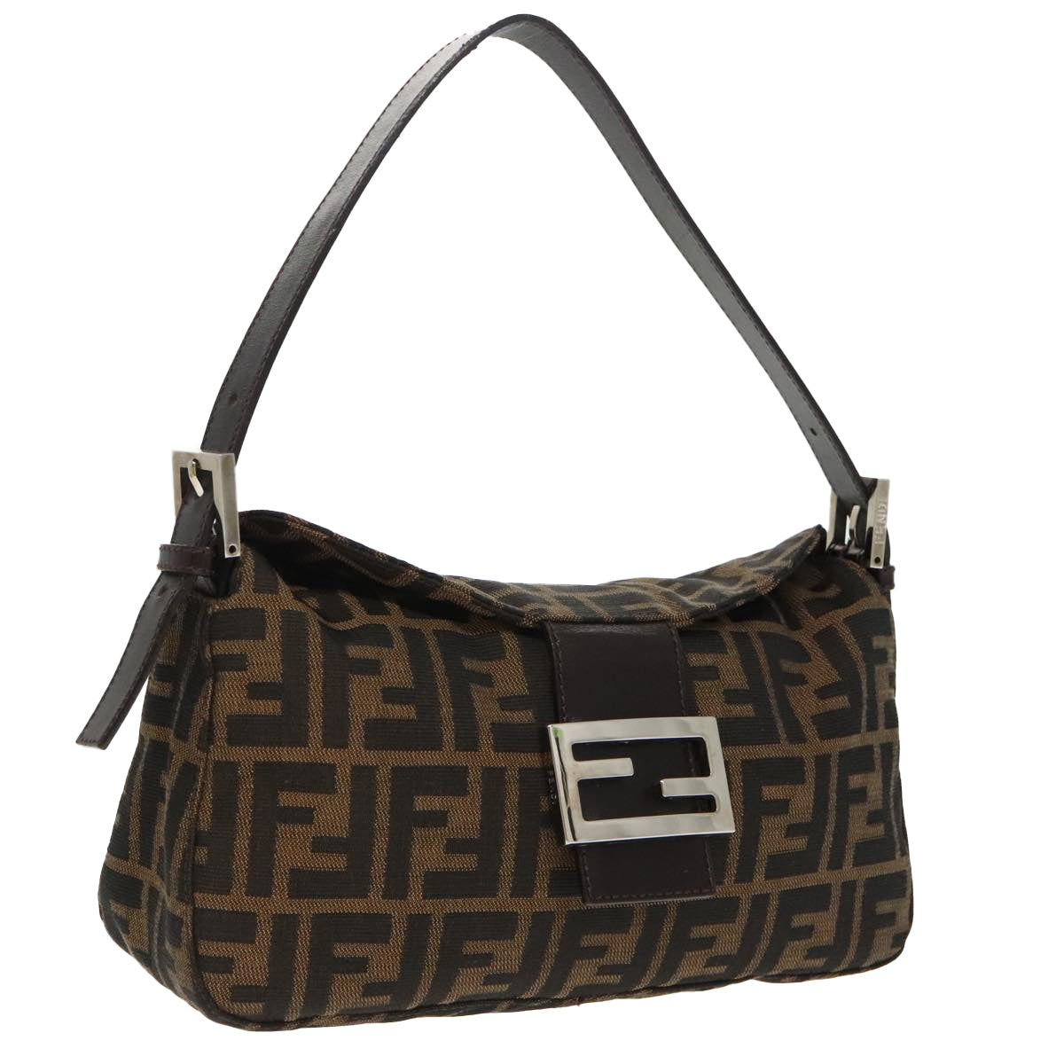 FENDI Zucca Canvas Mamma Baguette Shoulder Bag Black Brown Silver Auth 95783A