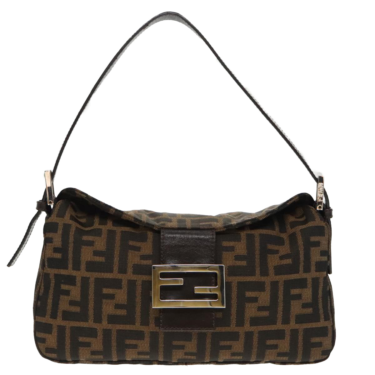 FENDI Zucca Canvas Mamma Baguette Shoulder Bag Black Brown Silver Auth 95783A