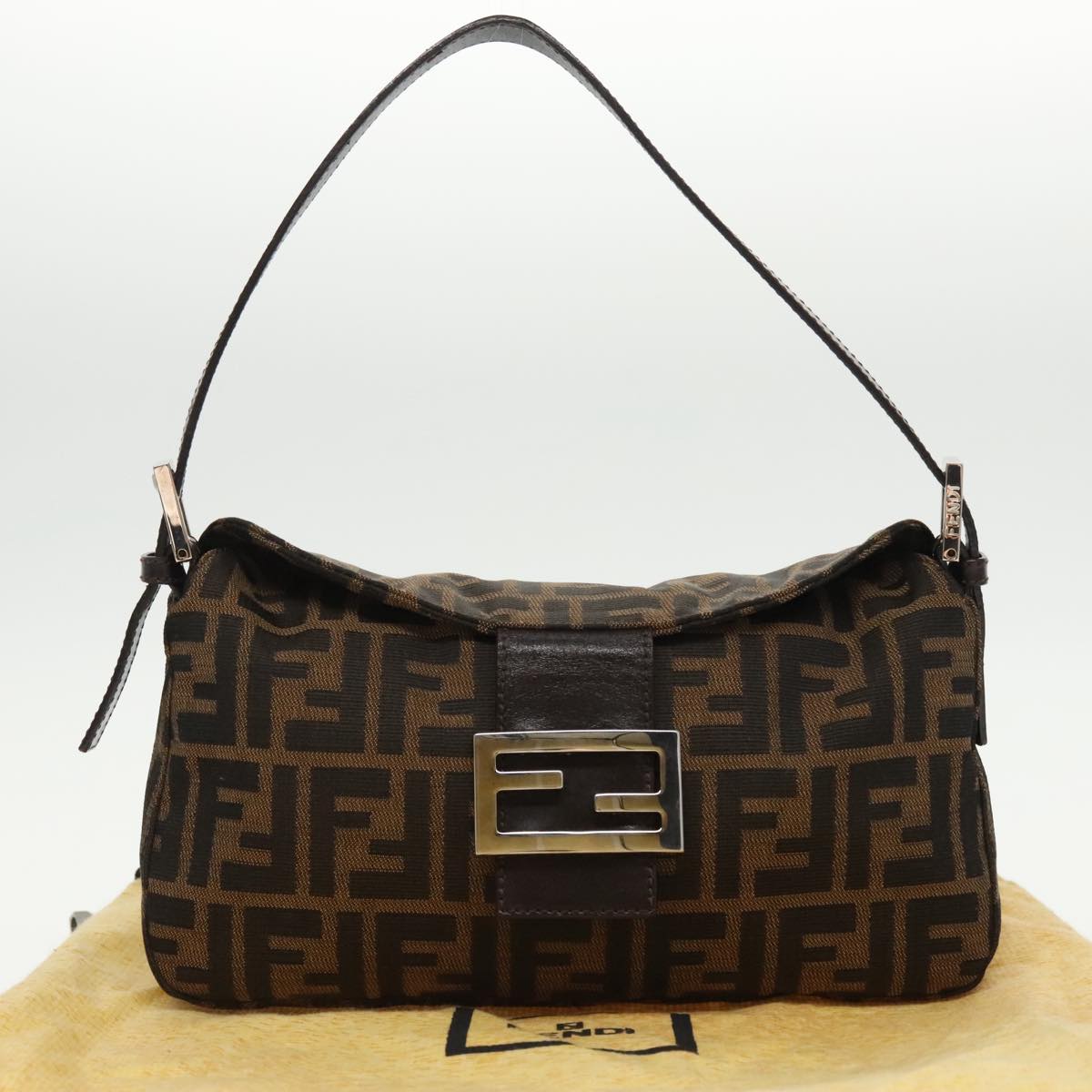 FENDI Zucca Canvas Mamma Baguette Shoulder Bag Black Brown Silver Auth 95783A