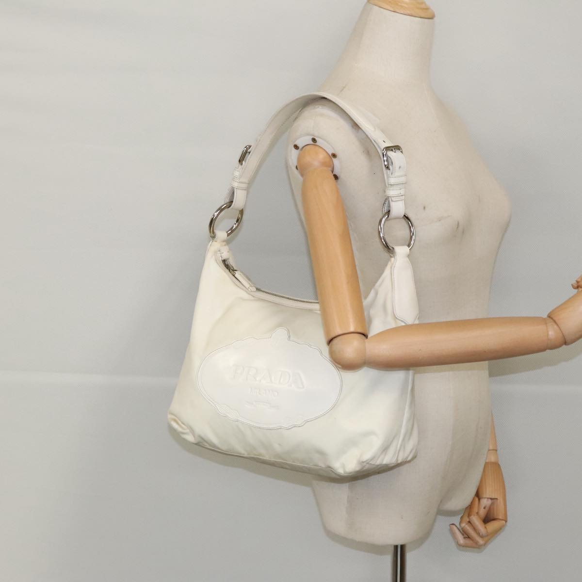 PRADA Shoulder Bag Nylon White Silver Auth 95796