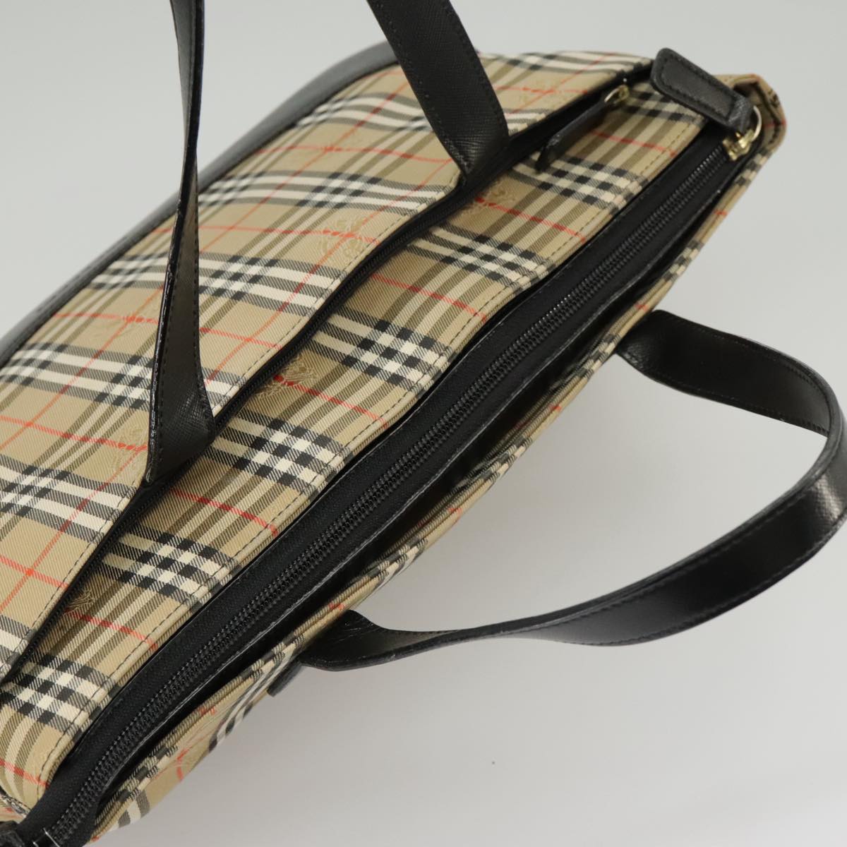 BURBERRY Nova Check Hand Bag Canvas Leather Black Beige Auth 95803