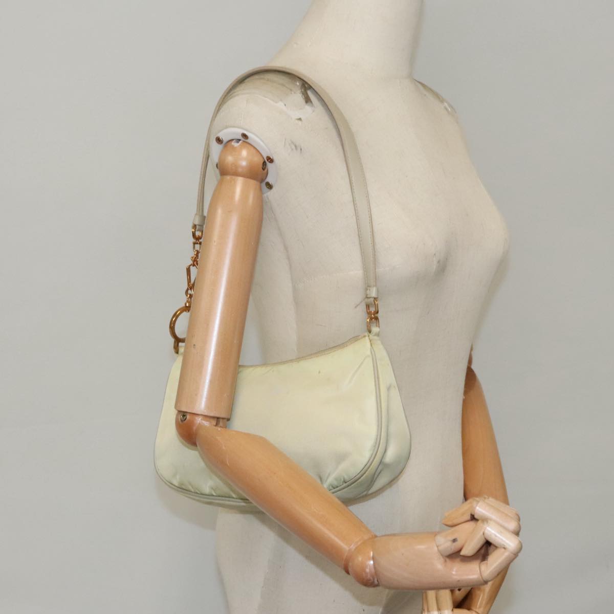 PRADA Shoulder Bag Nylon Cream Gold Auth 95818