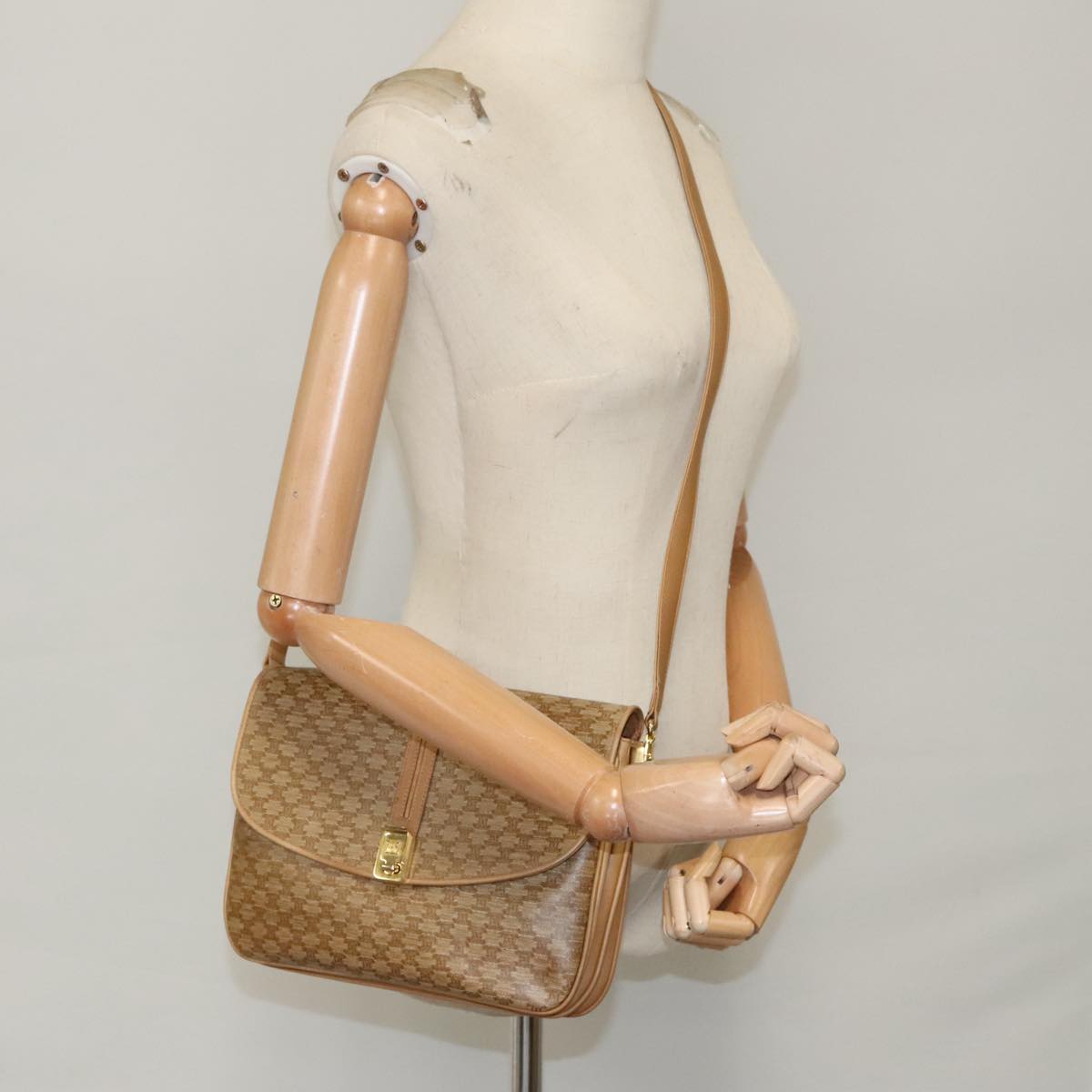 CELINE Macadam Canvas Shoulder Bag Beige Gold Auth 95821