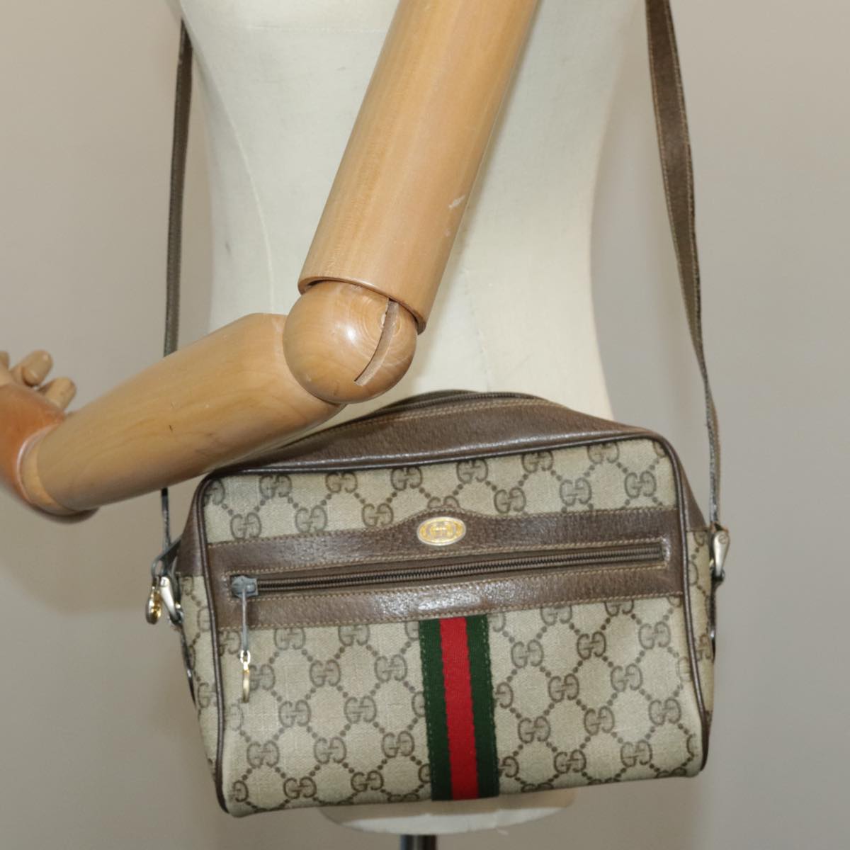 GUCCI GG Supreme Web Sherry Line Shoulder Bag PVC Beige 56 02 004 Auth 95827