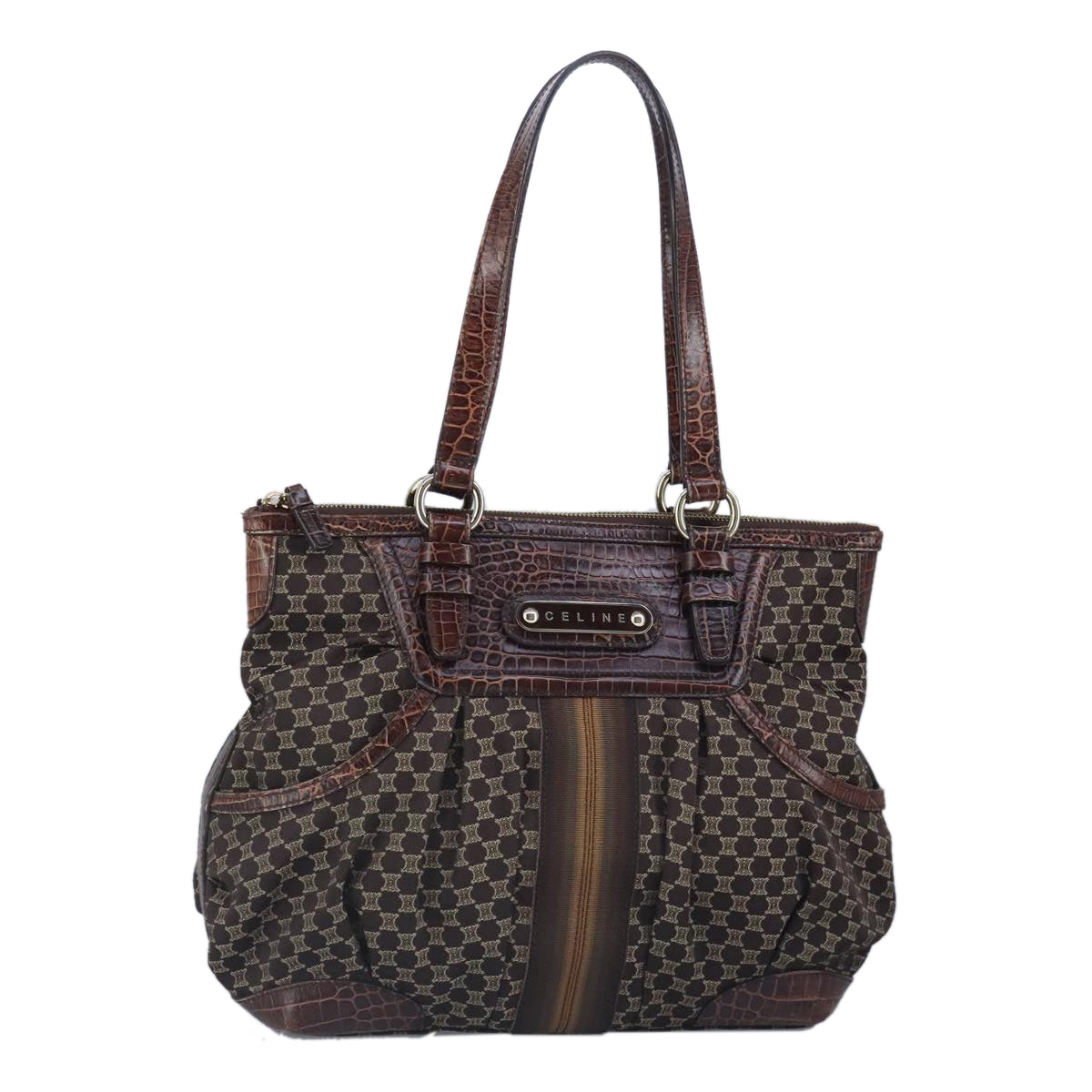 CELINE Macadam Canvas Tote Bag Brown Gold Auth 95830