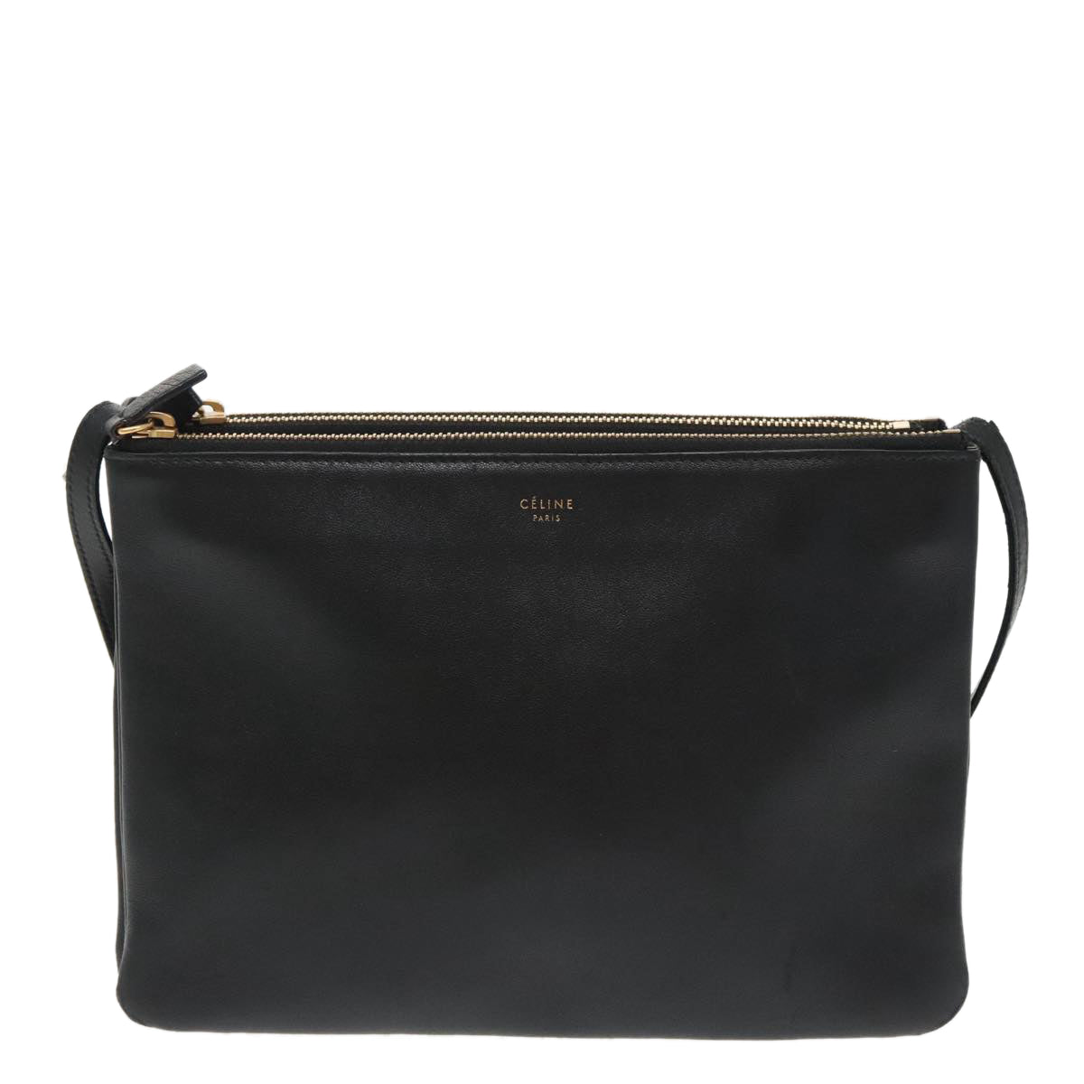 CELINE Trio Shoulder Bag Leather Black Gold Auth 95836 - 0