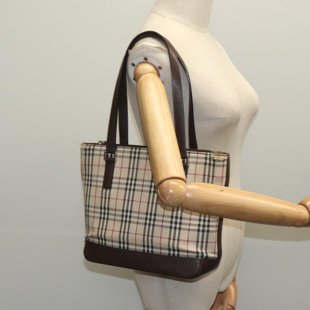 BURBERRY Nova Check Tote Bag Canvas Beige Auth 95891