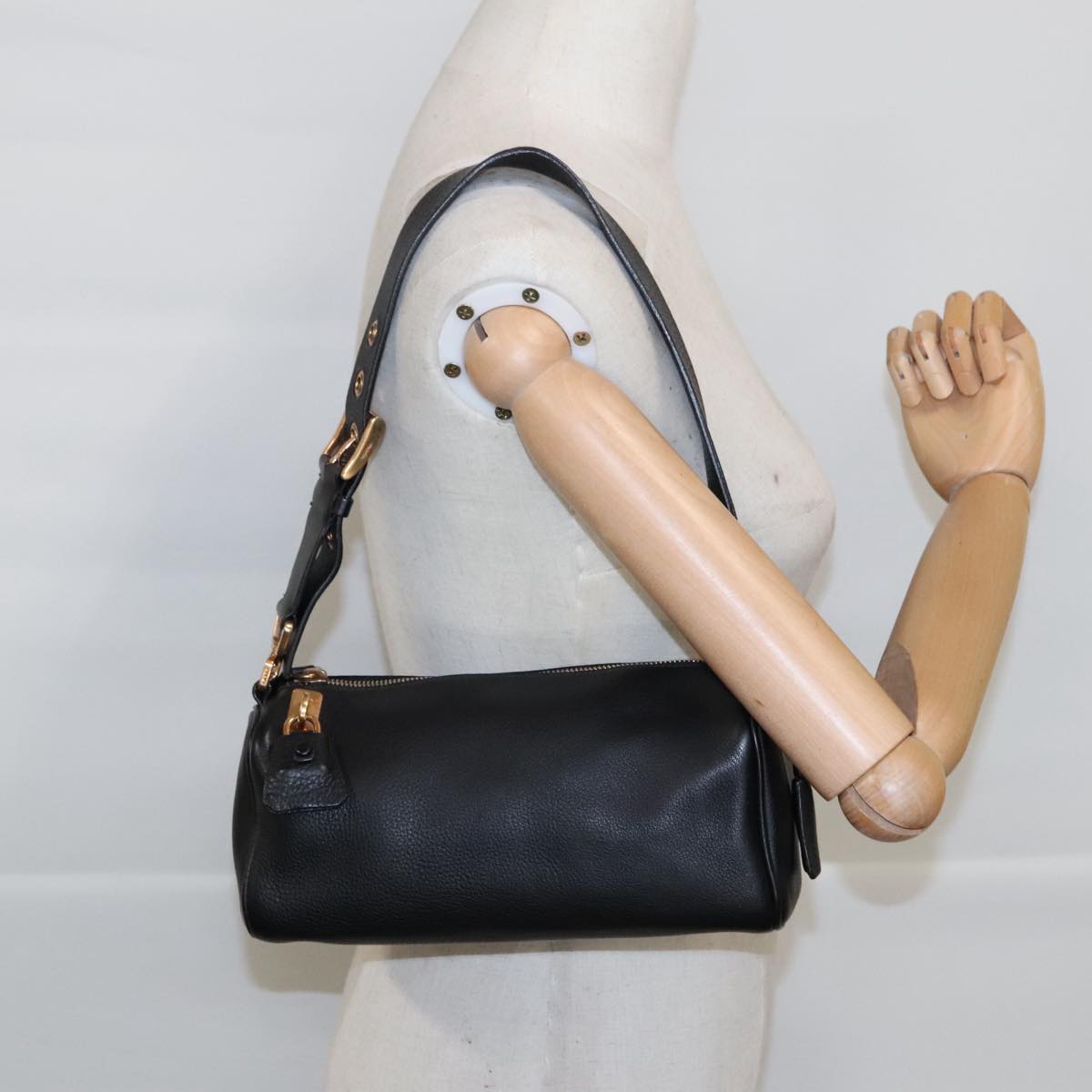 PRADA Shoulder Bag Leather Black Gold Auth 95900