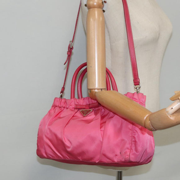 PRADA Hand Bag Nylon 2way Pink Silver Auth 95918