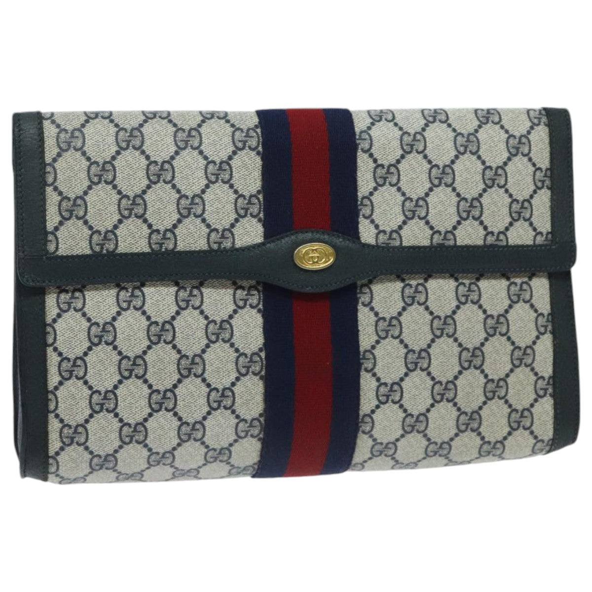 GUCCI GG Supreme Sherry Line Clutch Bag PVC Navy Red 89 01 007 Auth 95924