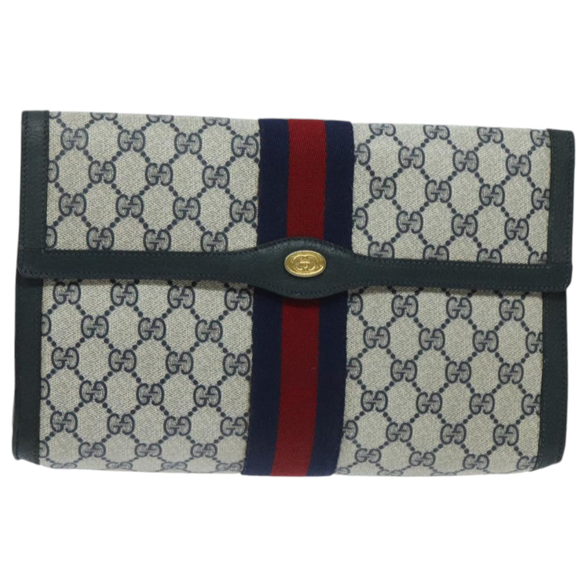 GUCCI GG Supreme Sherry Line Clutch Bag PVC Navy Red 89 01 007 Auth 95924 - 0