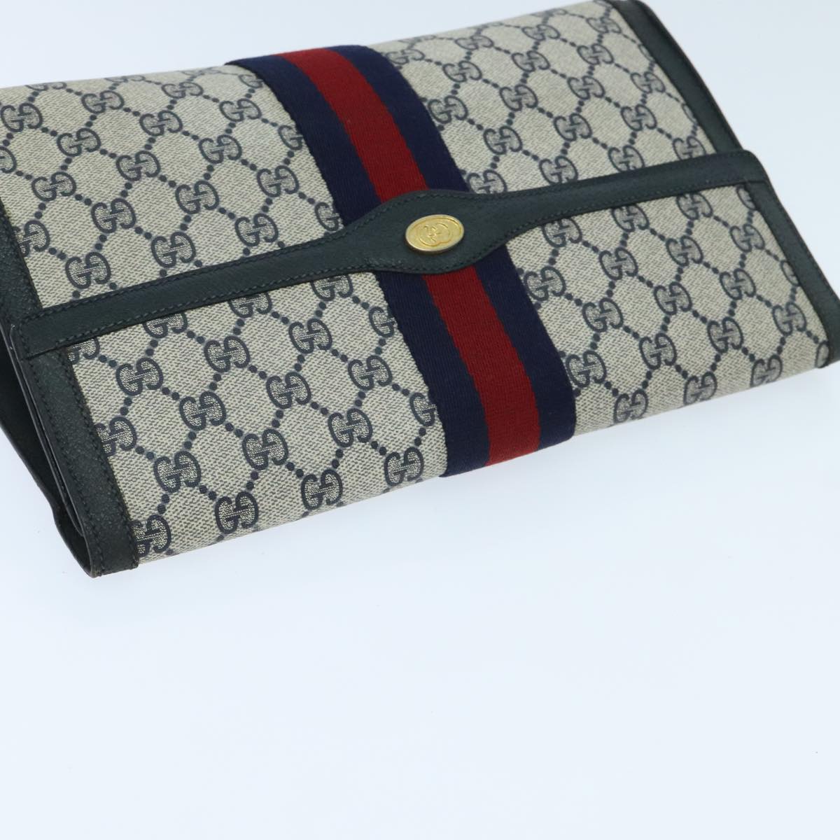 GUCCI GG Supreme Sherry Line Clutch Bag PVC Navy Red 89 01 007 Auth 95924