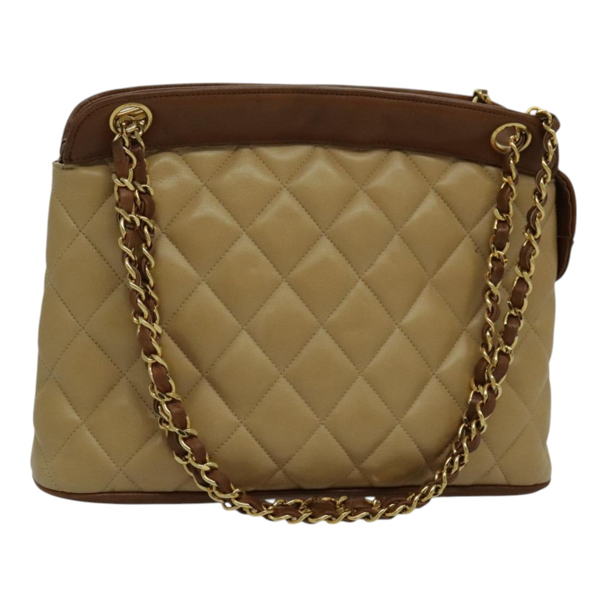 CHANEL Chain Shoulder Bag Lamb Skin Beige Gold CC Auth 95932