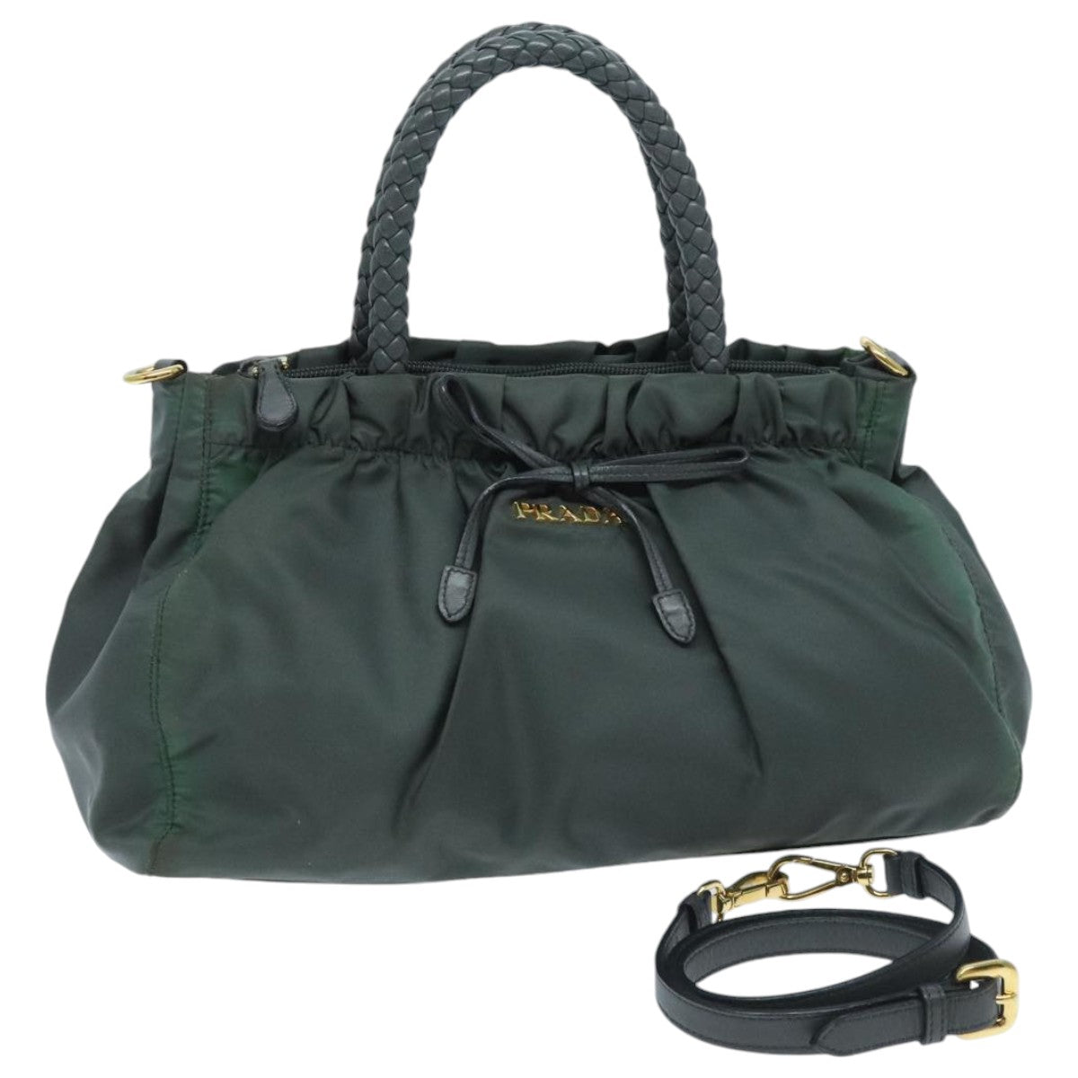 PRADA Hand Bag Nylon 2way Khaki Gold Auth 95959