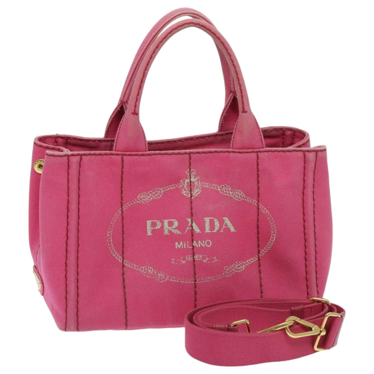 PRADA Canapa PM Hand Bag Canvas 2way Pink Gold Auth 95962