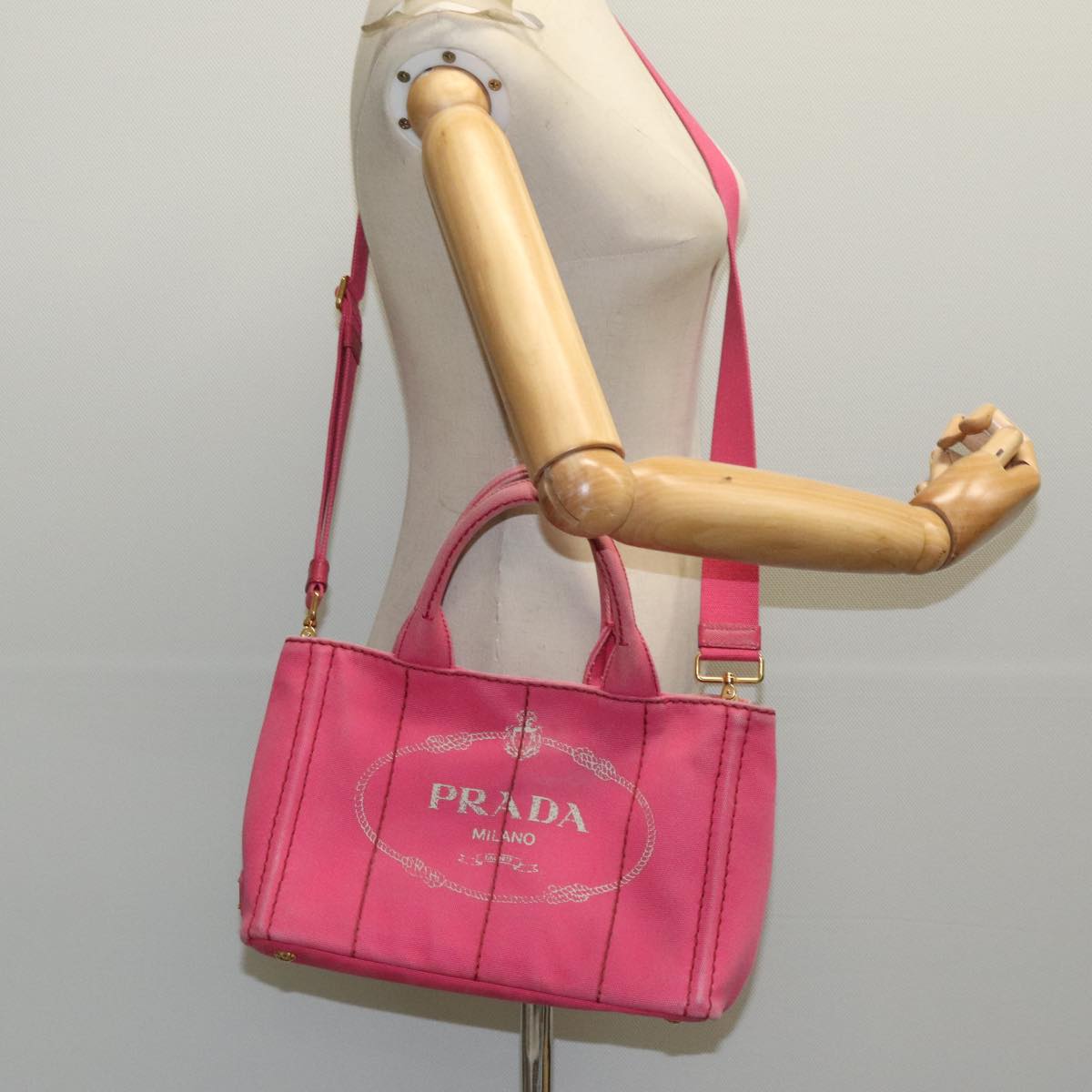 PRADA Canapa PM Hand Bag Canvas 2way Pink Gold Auth 95962