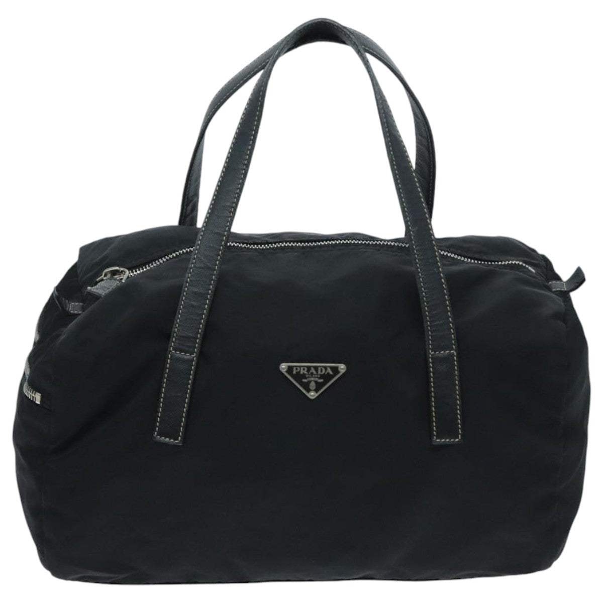 PRADA Boston Bag Nylon Black Silver Auth 95994