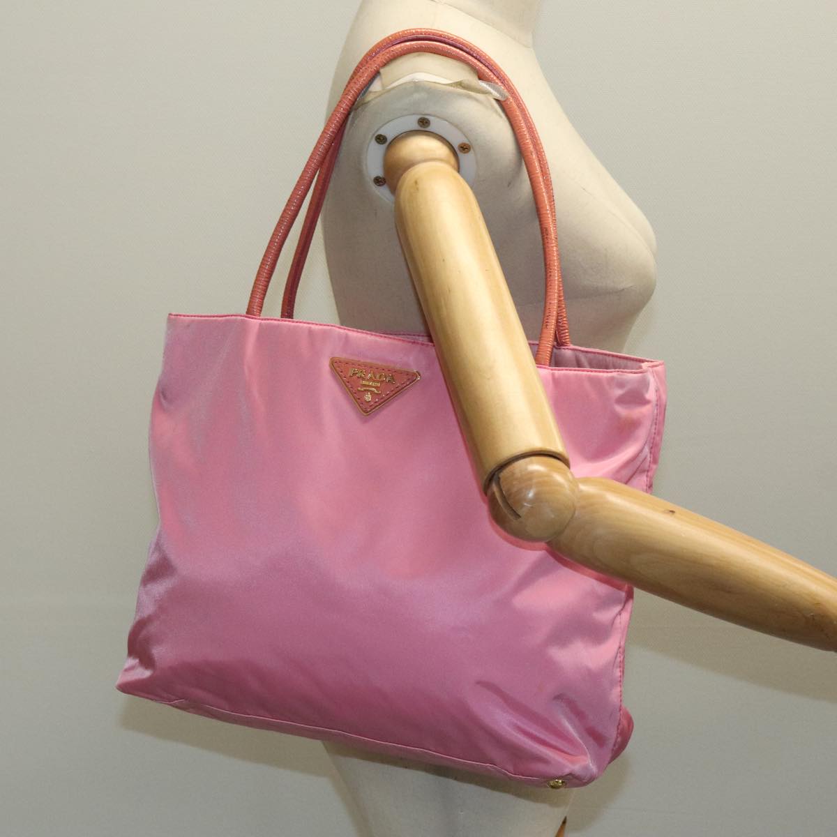 PRADA Tote Bag Nylon Pink Gold Auth 95997