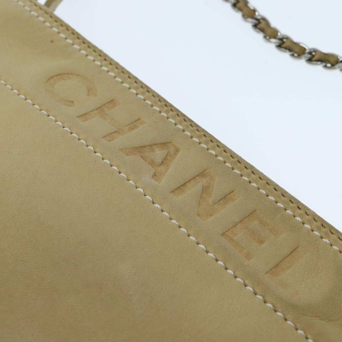 CHANEL Chain Shoulder Pouch Leather Beige Silver CC Auth 96004