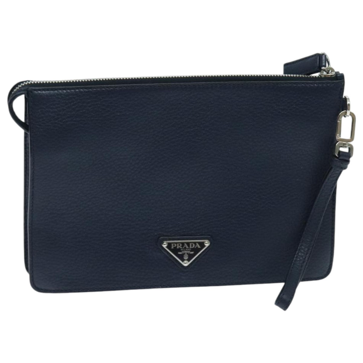 PRADA Clutch Bag Leather Navy Silver Auth 96005