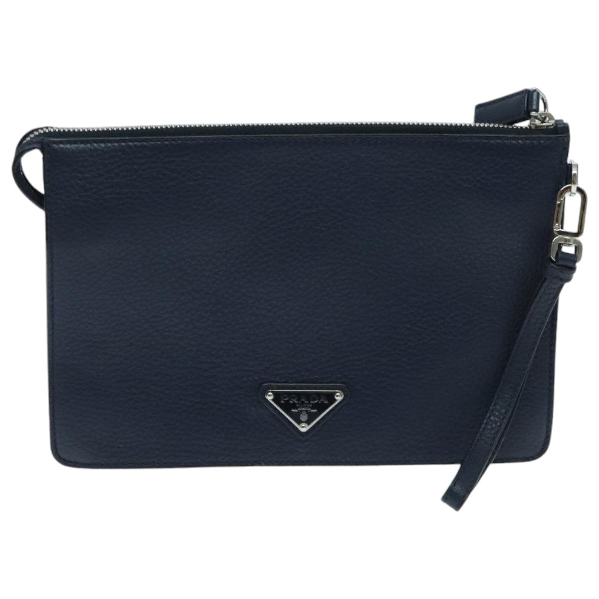 PRADA Clutch Bag Leather Navy Silver Auth 96005