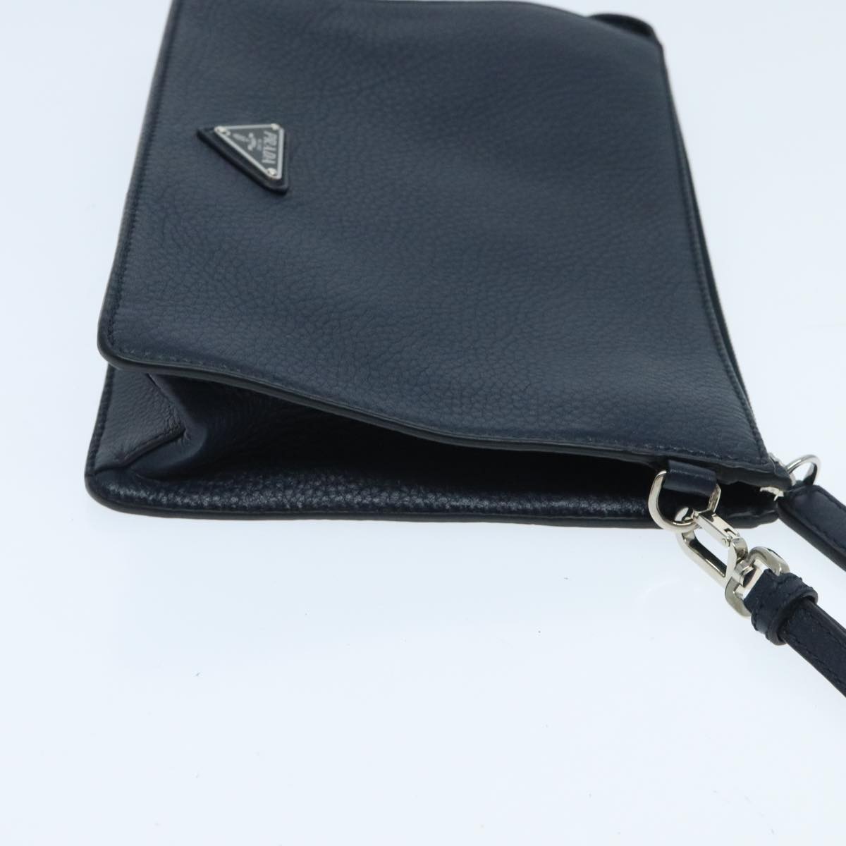 PRADA Clutch Bag Leather Navy Silver Auth 96005