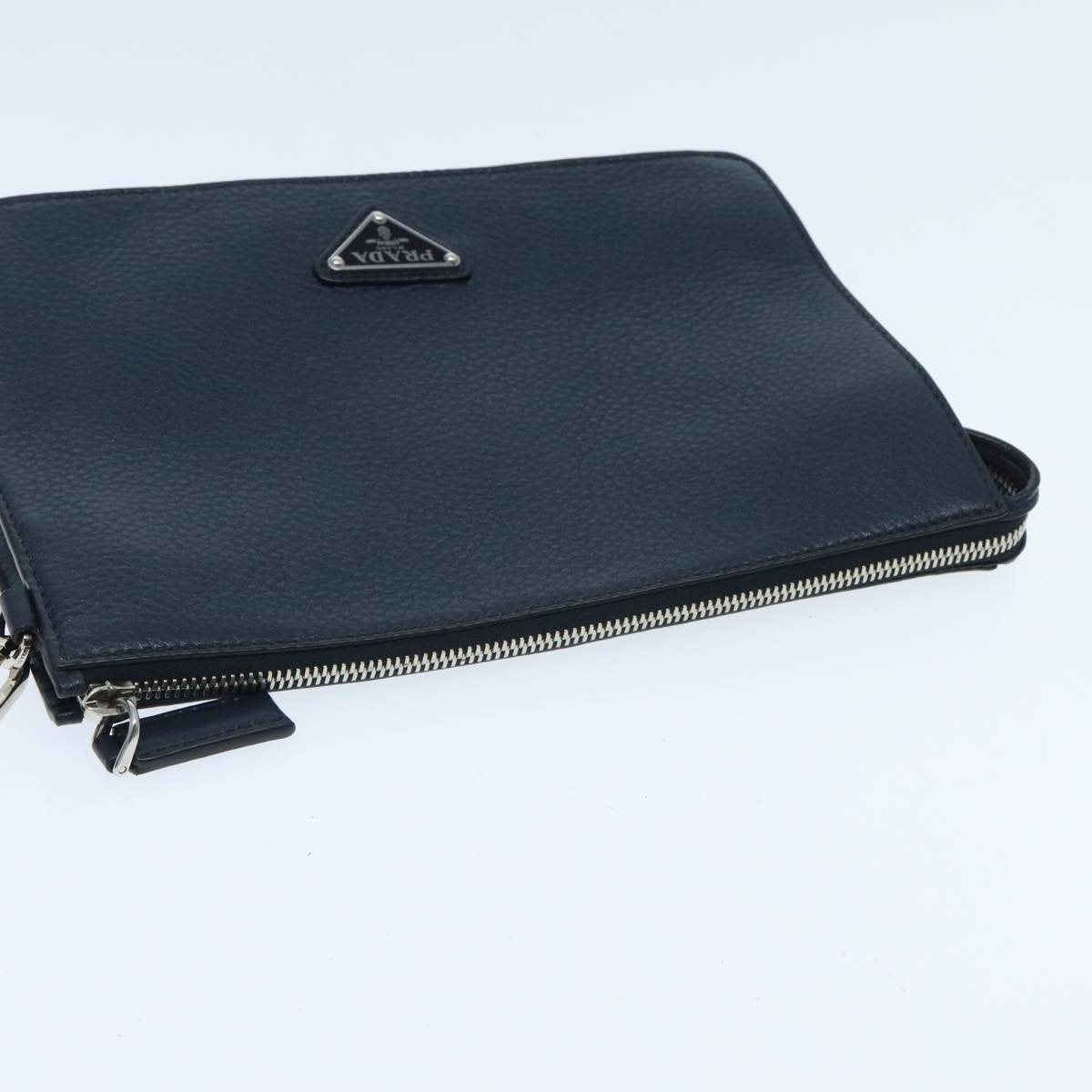 PRADA Clutch Bag Leather Navy Silver Auth 96005