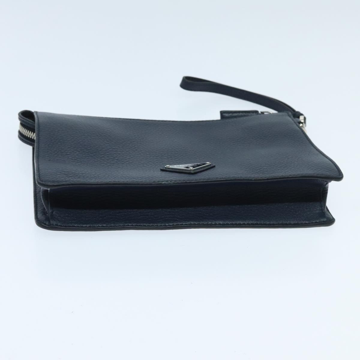 PRADA Clutch Bag Leather Navy Silver Auth 96005