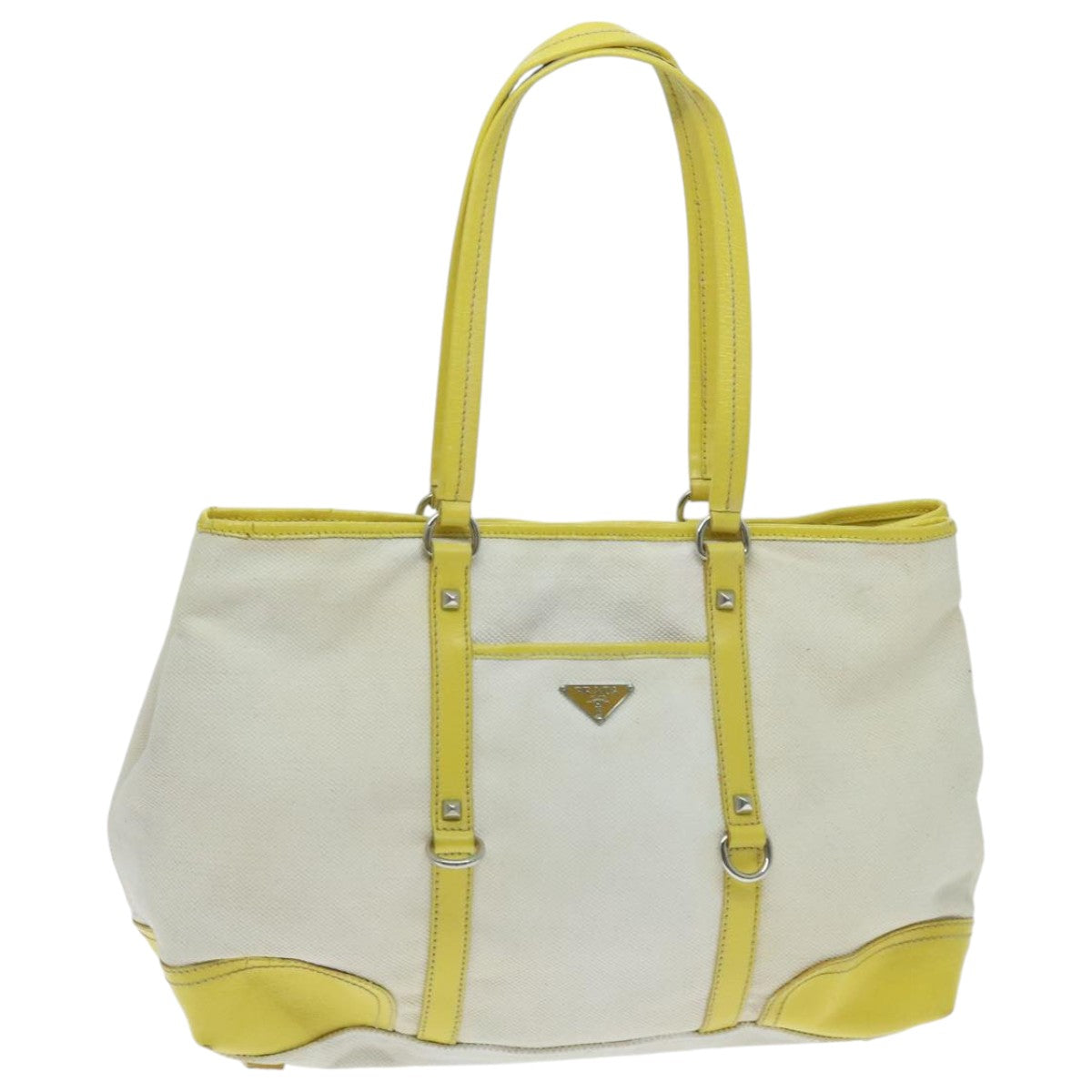 PRADA Tote Bag Canvas White Silver Auth 96032