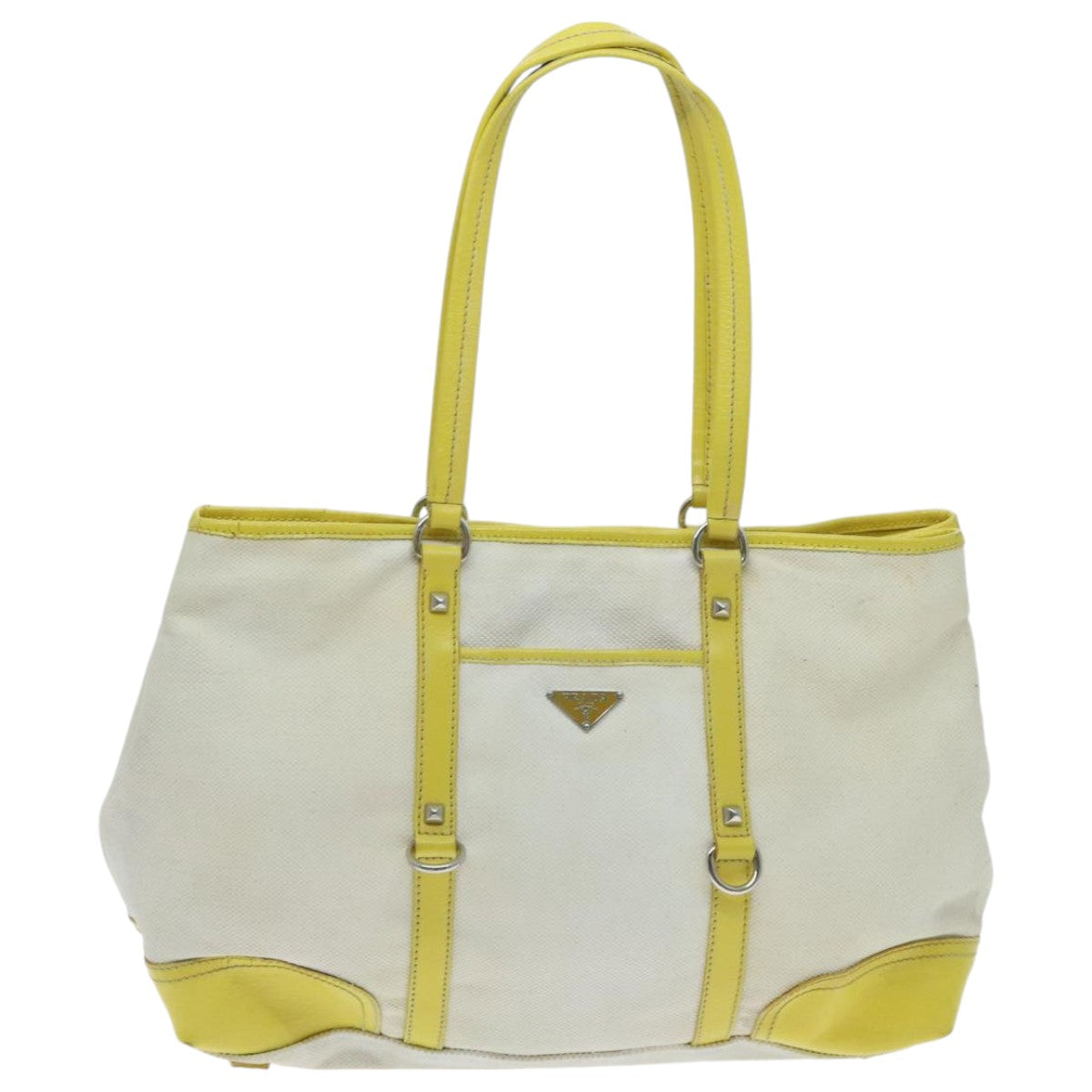 PRADA Tote Bag Canvas White Silver Auth 96032