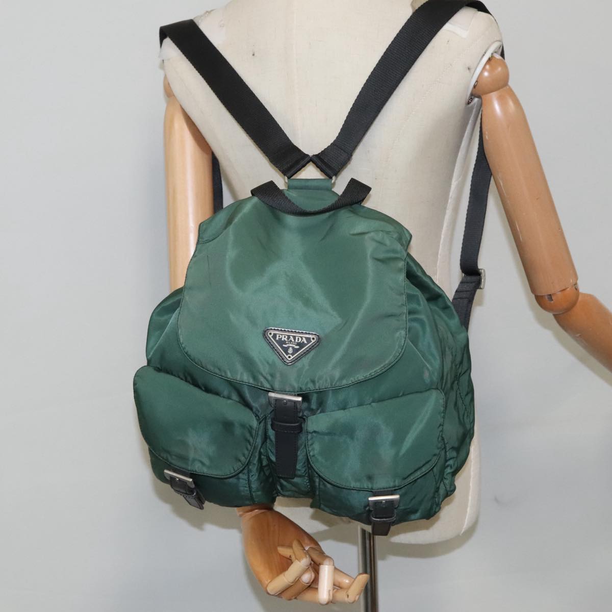 PRADA Backpack Nylon Green Silver Auth 96042