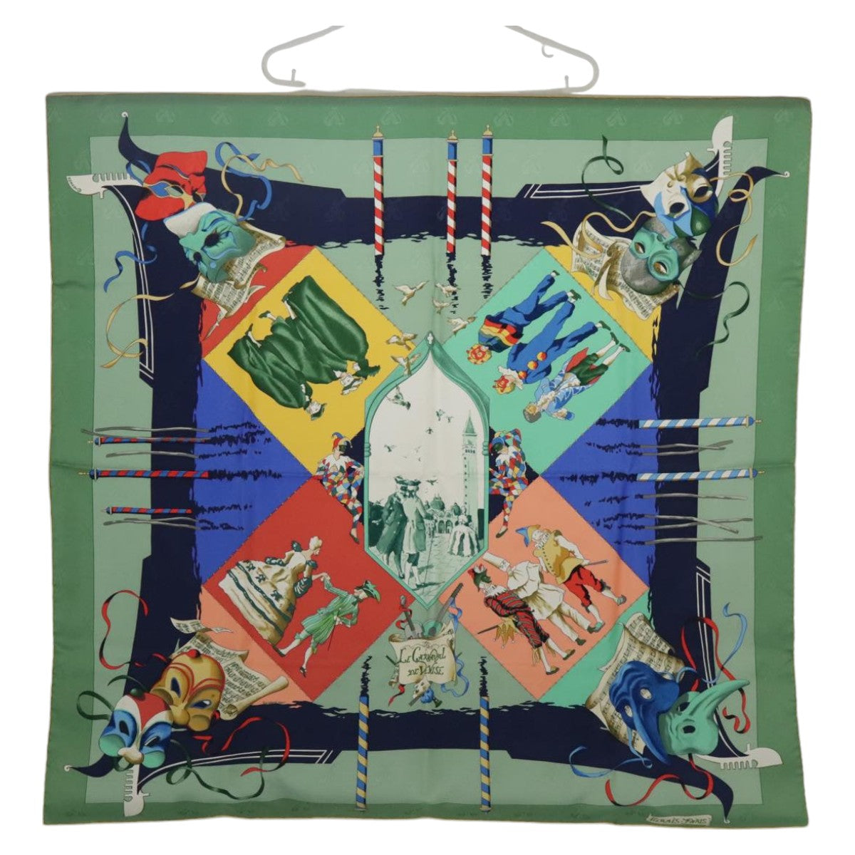 HERMES Carre 90 Scarf ""LE CARNAVAL DE VENISE"" Silk Green Auth 96076