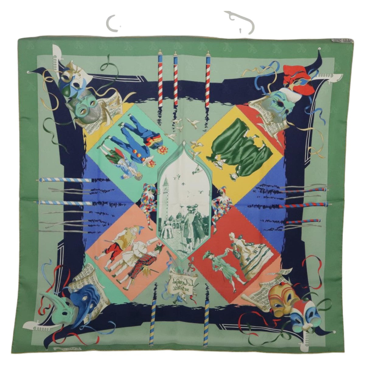 HERMES Carre 90 Scarf ""LE CARNAVAL DE VENISE"" Silk Green Auth 96076 - 0