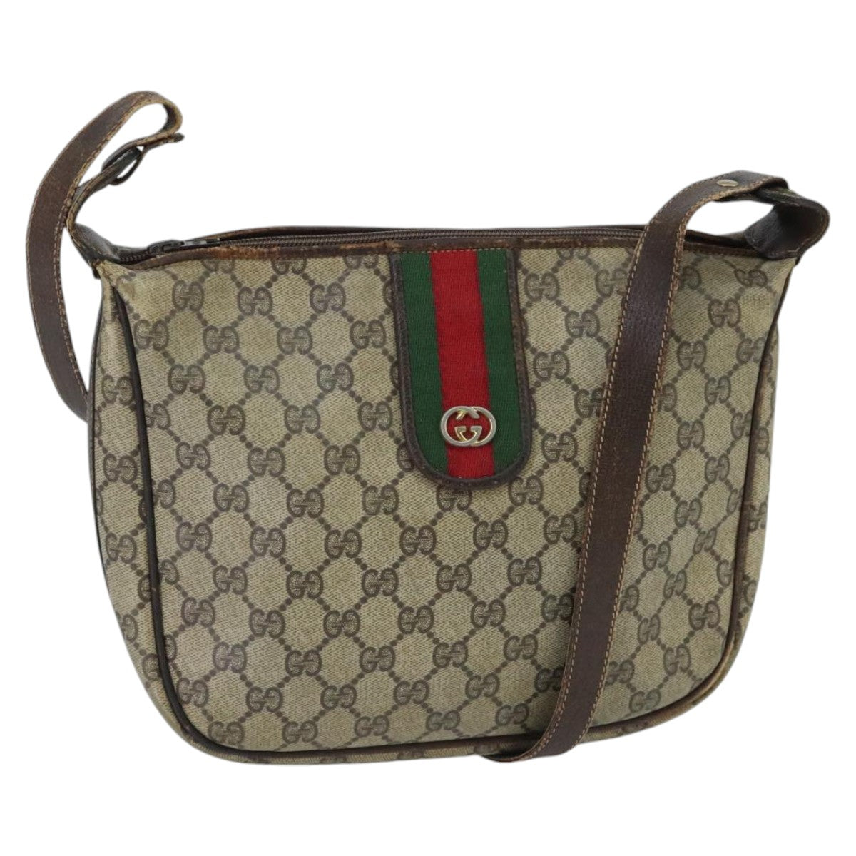 GUCCI GG Supreme Web Sherry Line Shoulder Bag PVC Beige Gold Red Auth 96165