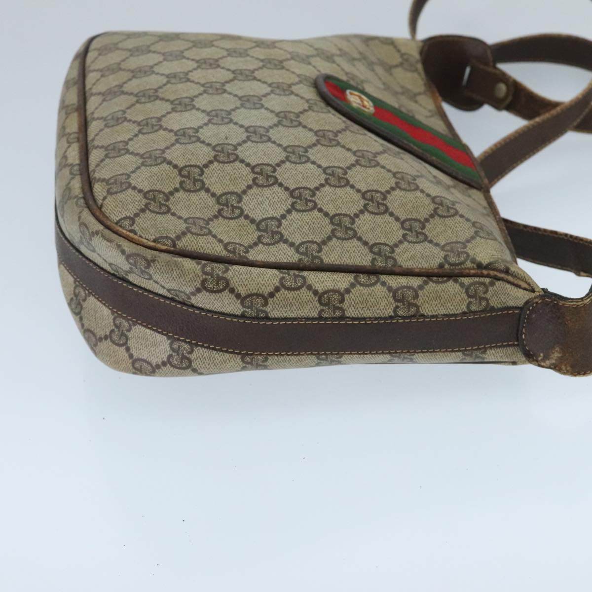 GUCCI GG Supreme Web Sherry Line Shoulder Bag PVC Beige Gold Red Auth 96165