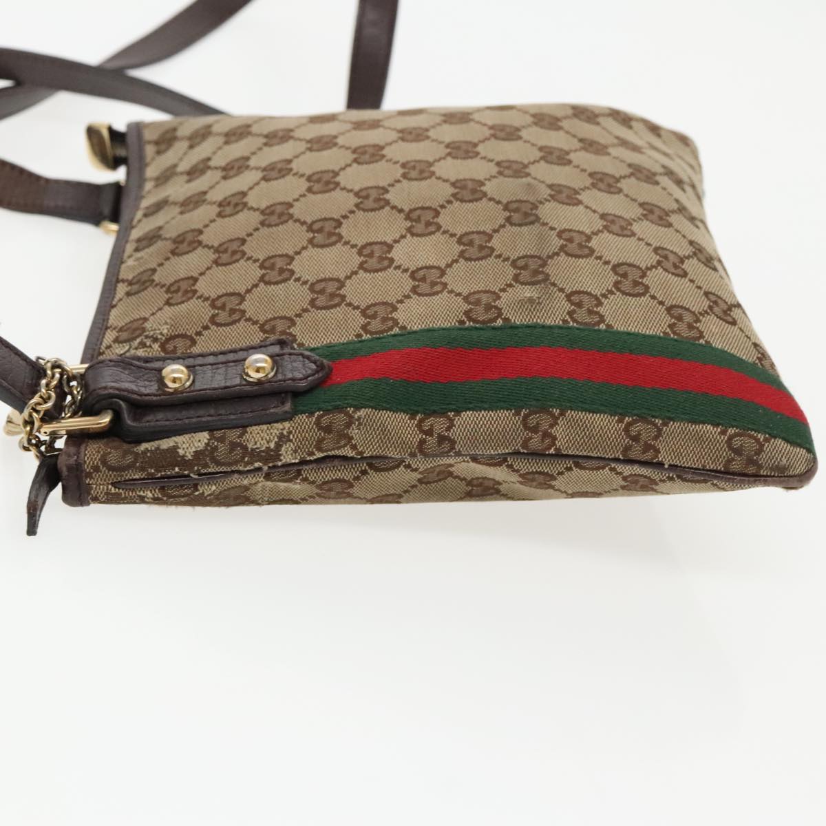 GUCCI GG Canvas Web Sherry Line Shoulder Bag Beige Gold Red 144388 Auth 96167