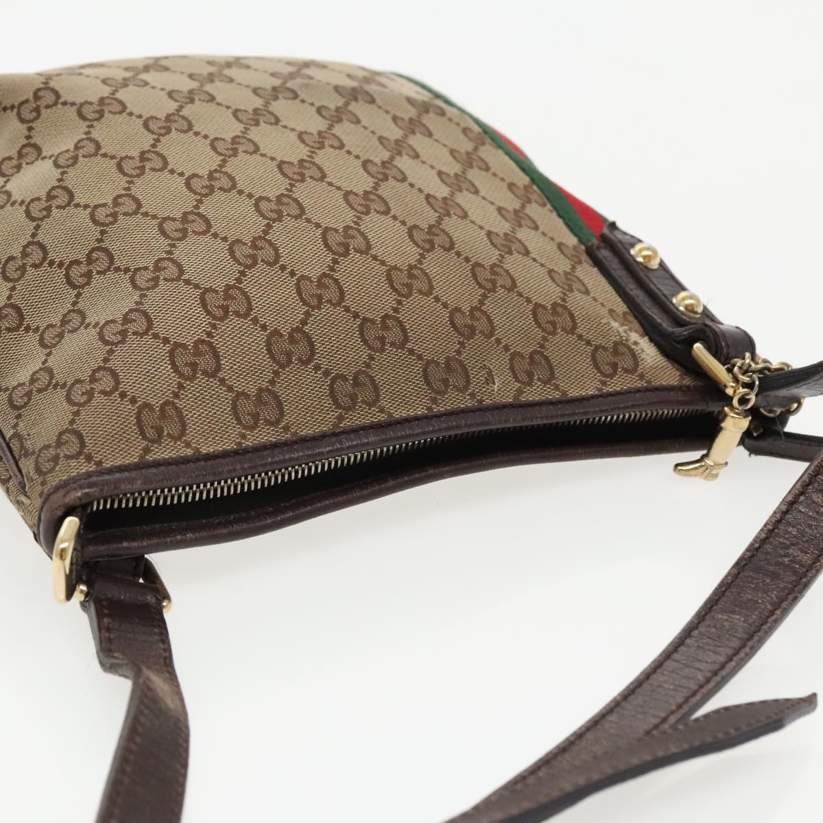 GUCCI GG Canvas Web Sherry Line Shoulder Bag Beige Gold Red 144388 Auth 96167