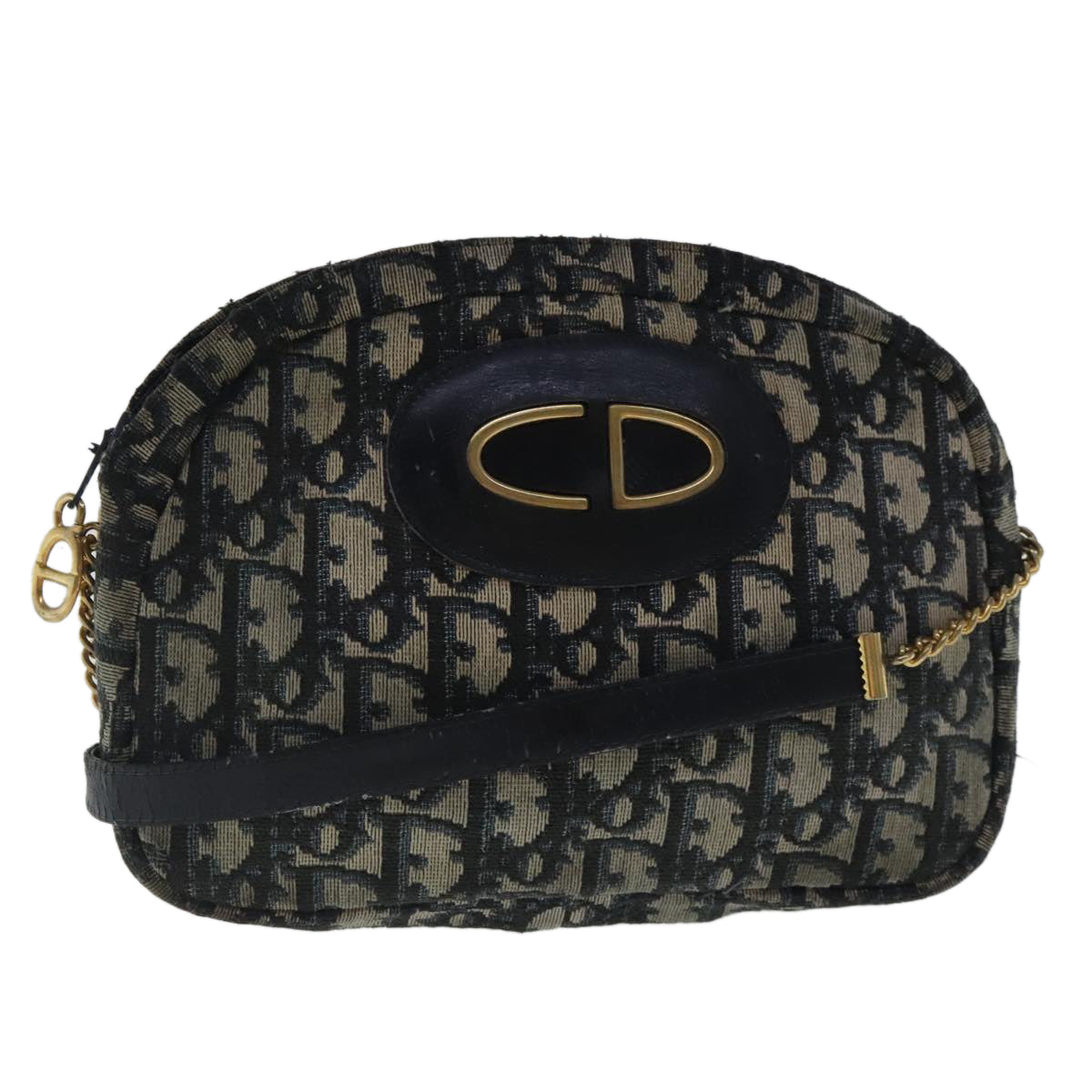 Christian Dior Trotter Canvas Shoulder Bag Navy Gold Auth 96170