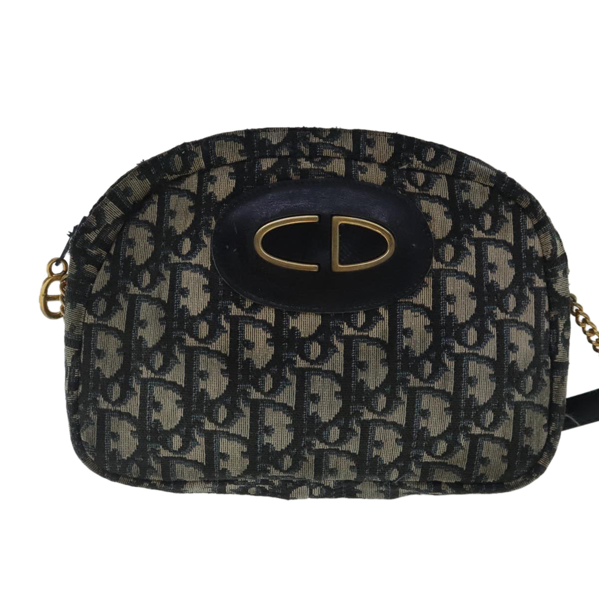 Christian Dior Trotter Canvas Shoulder Bag Navy Gold Auth 96170