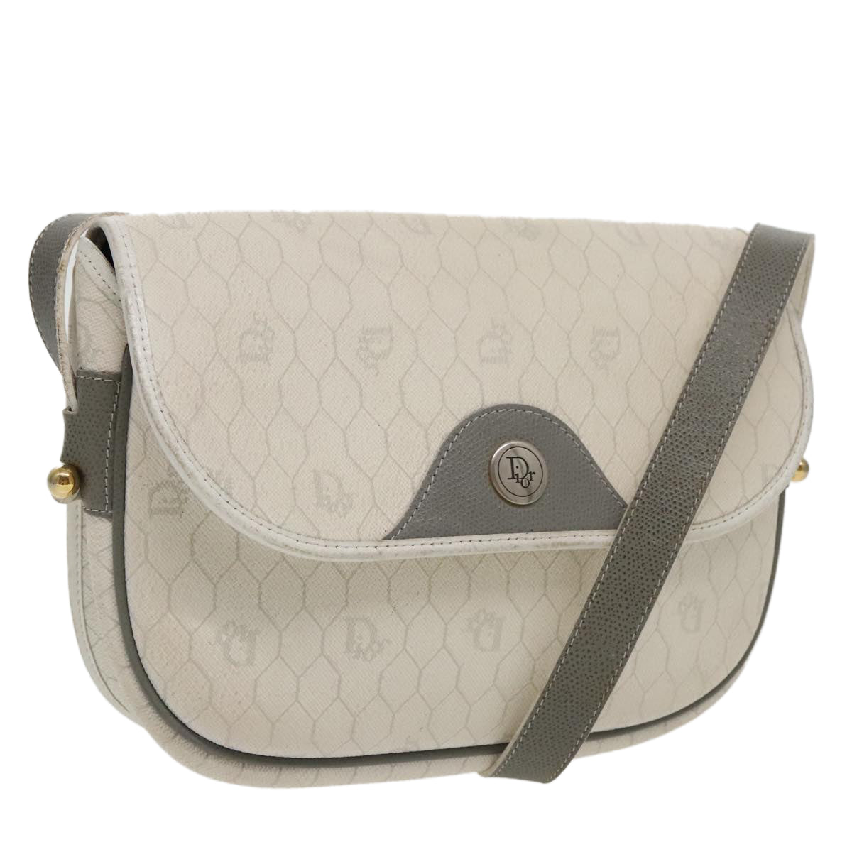 Christian Dior Honeycomb Canvas Shoulder Bag PVC White Gold Auth 96171