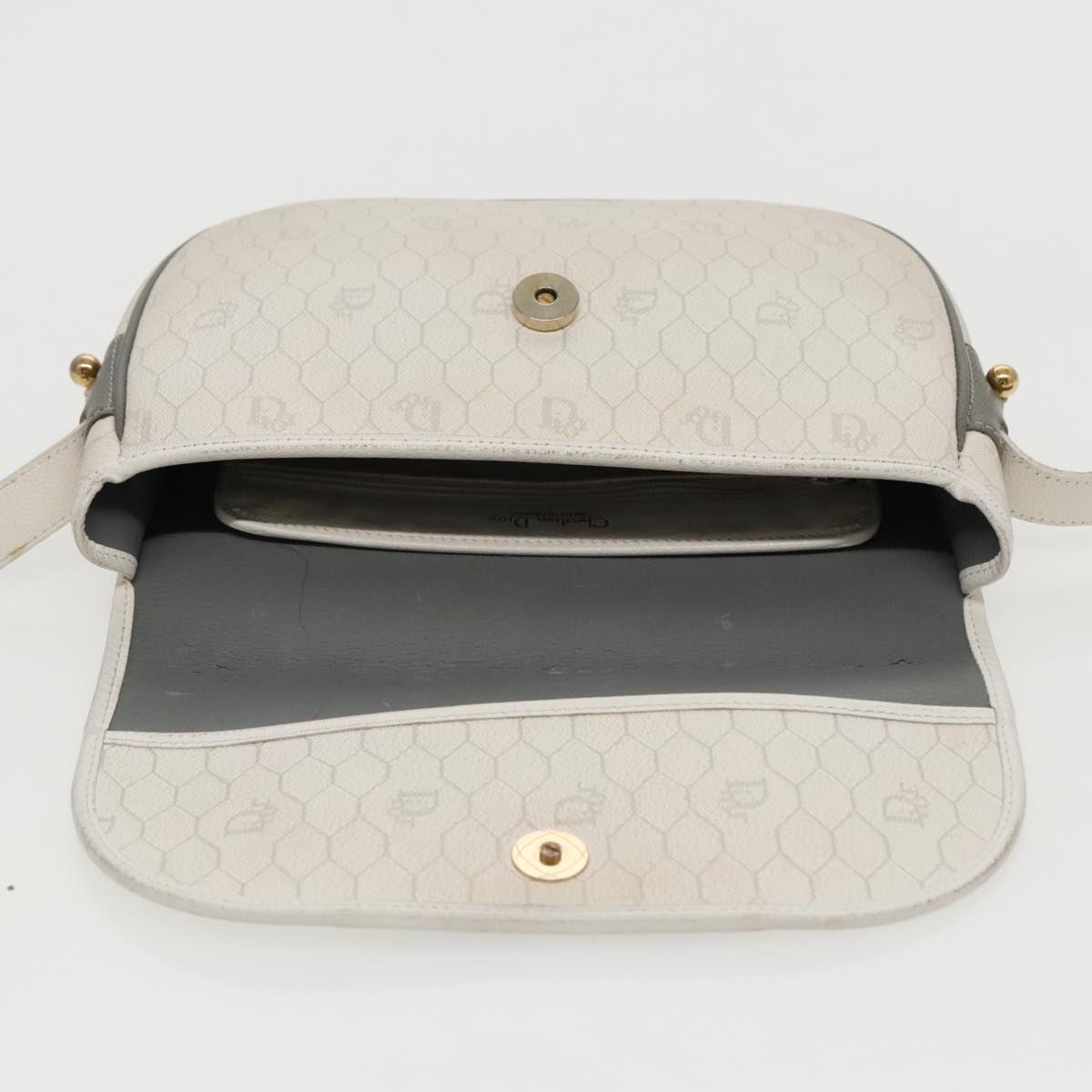 Christian Dior Honeycomb Canvas Shoulder Bag PVC White Gold Auth 96171