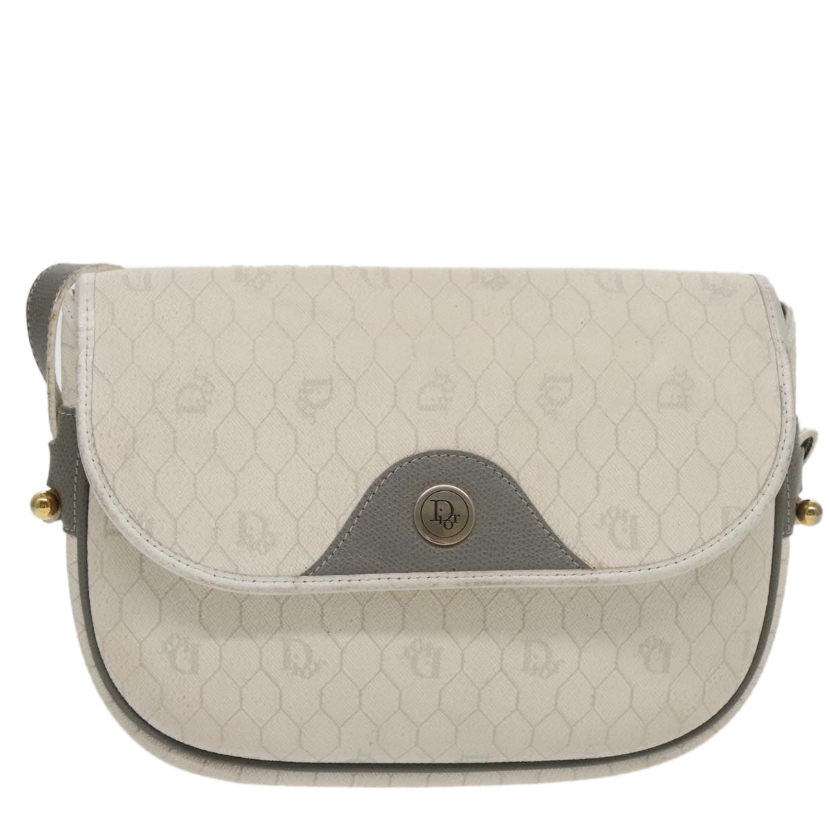 Christian Dior Honeycomb Canvas Shoulder Bag PVC White Gold Auth 96171 - 0