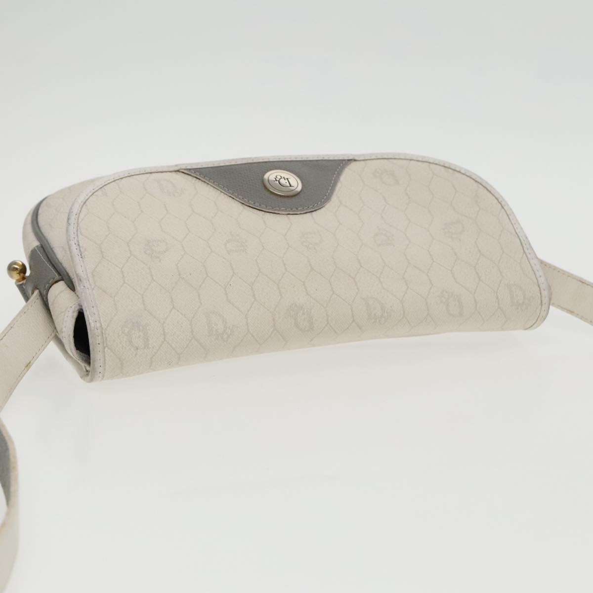 Christian Dior Honeycomb Canvas Shoulder Bag PVC White Gold Auth 96171