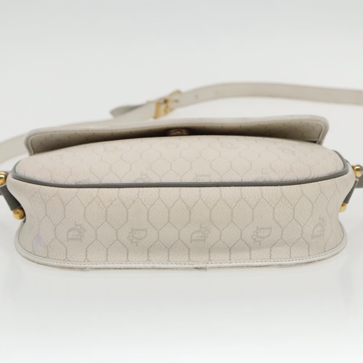 Christian Dior Honeycomb Canvas Shoulder Bag PVC White Gold Auth 96171