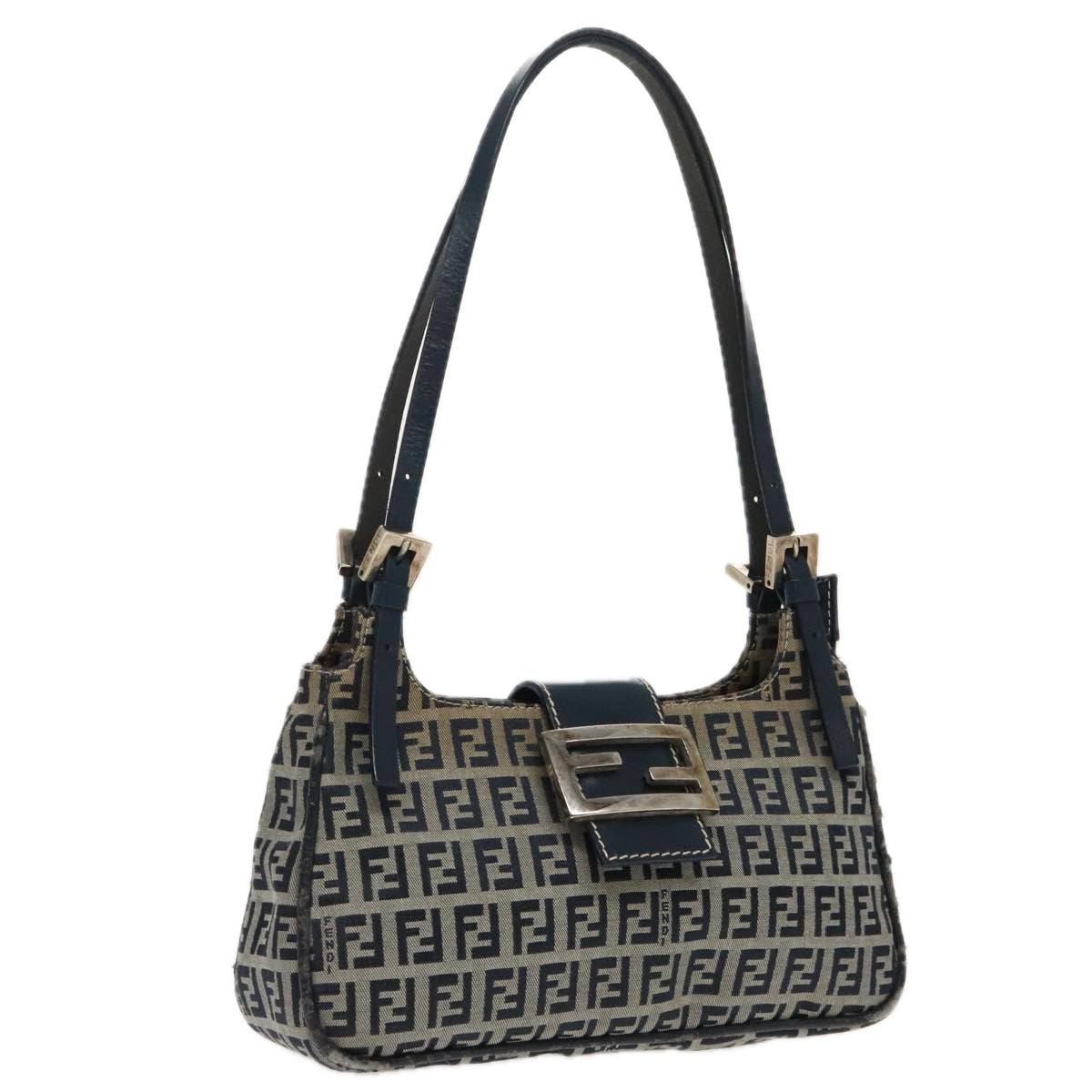 FENDI Zucchino Canvas Mamma Shoulder Bag Navy Silver Auth 96172