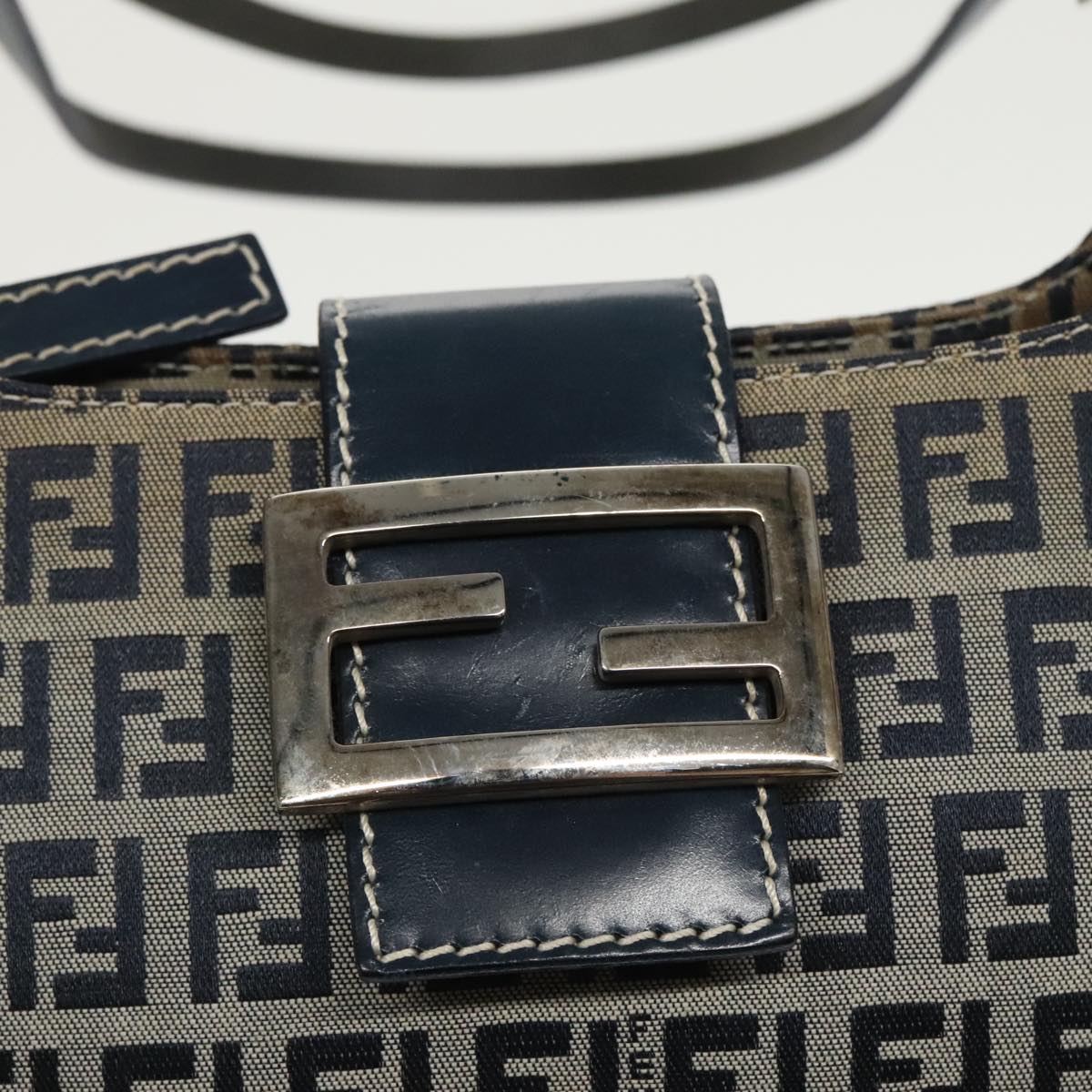 FENDI Zucchino Canvas Mamma Shoulder Bag Navy Silver Auth 96172